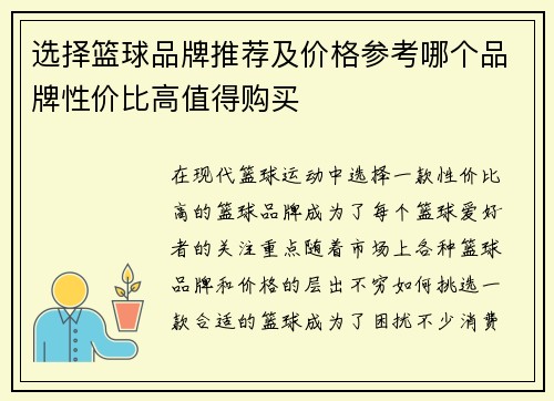 选择篮球品牌推荐及价格参考哪个品牌性价比高值得购买