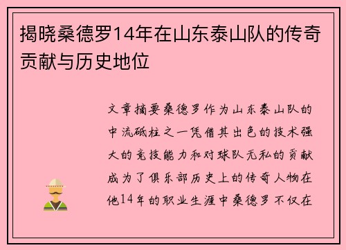 揭晓桑德罗14年在山东泰山队的传奇贡献与历史地位
